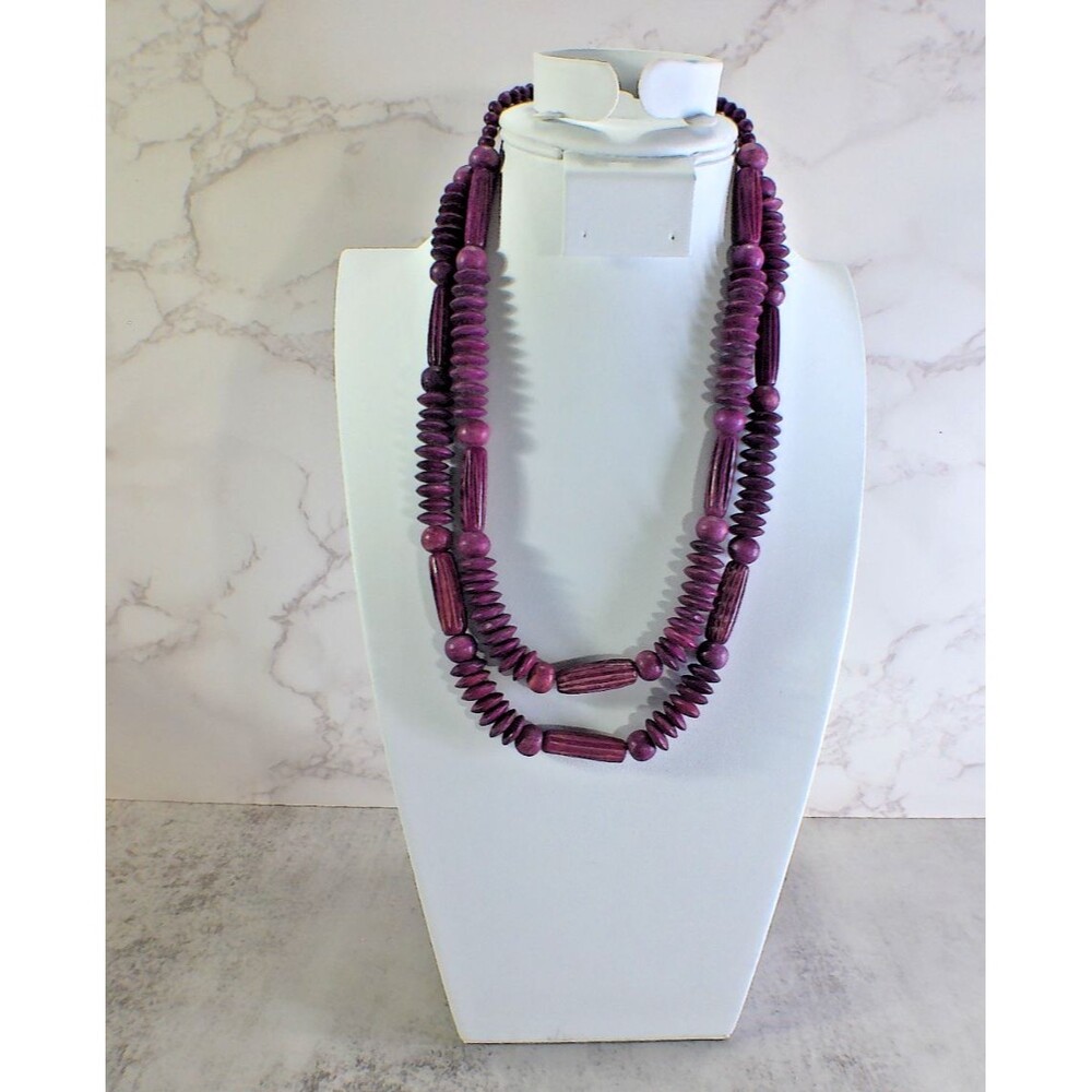 Vintage Multi Strand Bead Necklace Purple Estate Boho Silver Tone Clasp